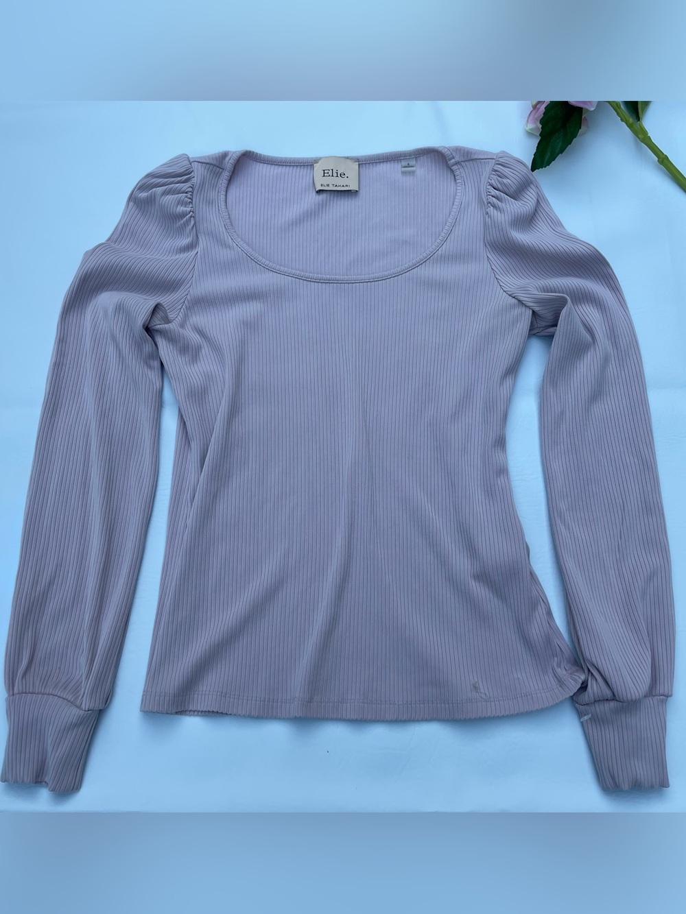 Elie Tahari Dusty Mauve Ribbed Long Sleeve Scoop Neck Top size S